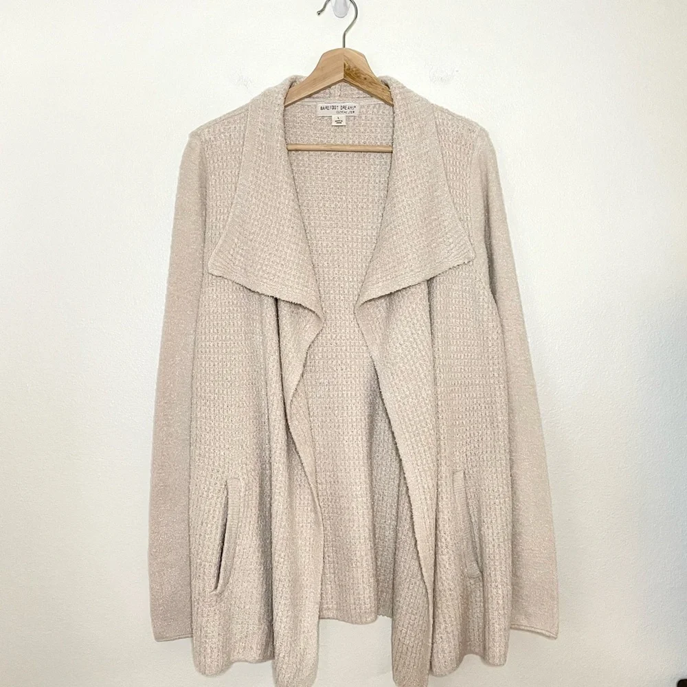 Barefoot Dreams CozyChic Lite Coastal Cardi Draped Open Front Sweater Bisque L
